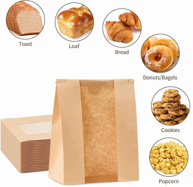 Ocmoiy 50Pcs Tin Tie Tab Lock Large Paper Bread Bags for Homemade Sourdough Bread Bags 13.7x8.2x3.5 Inch Resealable Bakery Bags with Window Thank You Stickers