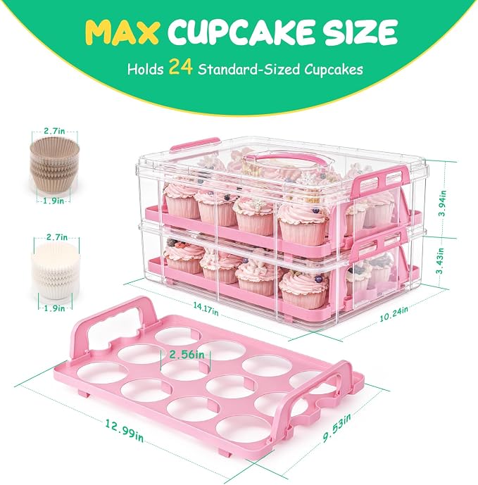 Cupcake Carrier 24 Count, Cupcake Holder With Lid And Handles, 2-Layer Cupcakes Storage Containers, Travel Cupcake Transport Container With Portable Insulated Bag And 200pcs Cupcake Liners (Pink)