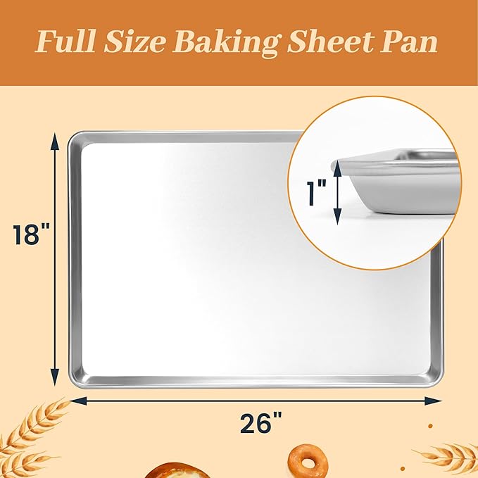 6 Pack Full Size Aluminum Baking Sheet Pans, 26"x18" | NSF, commercial cookie sheets, rolled rim baking pan, for roasting, freezer, bakery, oven safe up to 500℉