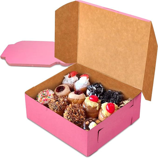 Fit Meal Prep [25 Pack] Pink Bakery Boxes 8x8x4 Pastry Box for Cupcakes, Desserts, Cookies, Candies Ideal Packaging for Bakeries and Home-made Baked Goods, Favors, and Gifts