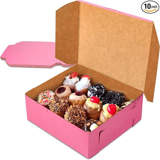 Fit Meal Prep [10 Pack] Pink Bakery Boxes 8x8x4 Pastry Box for Cupcakes, Desserts, Cookies, Candies - Ideal Packaging for Bakeries and Home-made Baked Goods, Favors, and Gifts