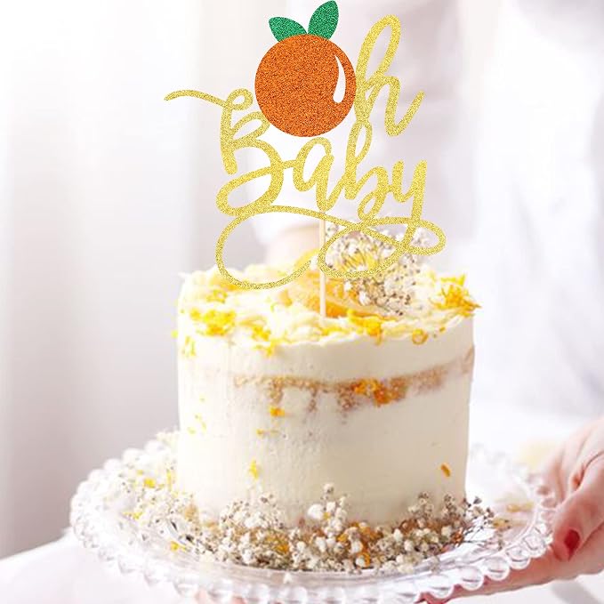1 PCS Gold Oh Baby Cake Topper with Glitte Orange Little Cutie Cake Pick for Fruit Citrus Theme Gender Reveal Baby Shower Kids Birthday Party Decorations Supplies