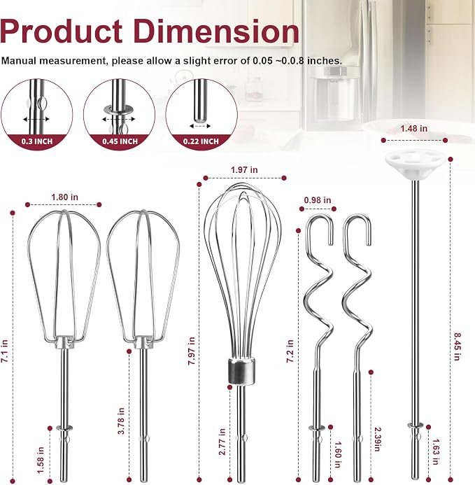 Hand Mixer Accessories and Attachments Beater, Whisk for Kitchenaid Mixers | Set of 6 Stainless Steel Hand Mixer Beater, Whisk, Blending Rod and Dough Hooks Compatible with Kitchenaid KHM3 KHM5 KHM7