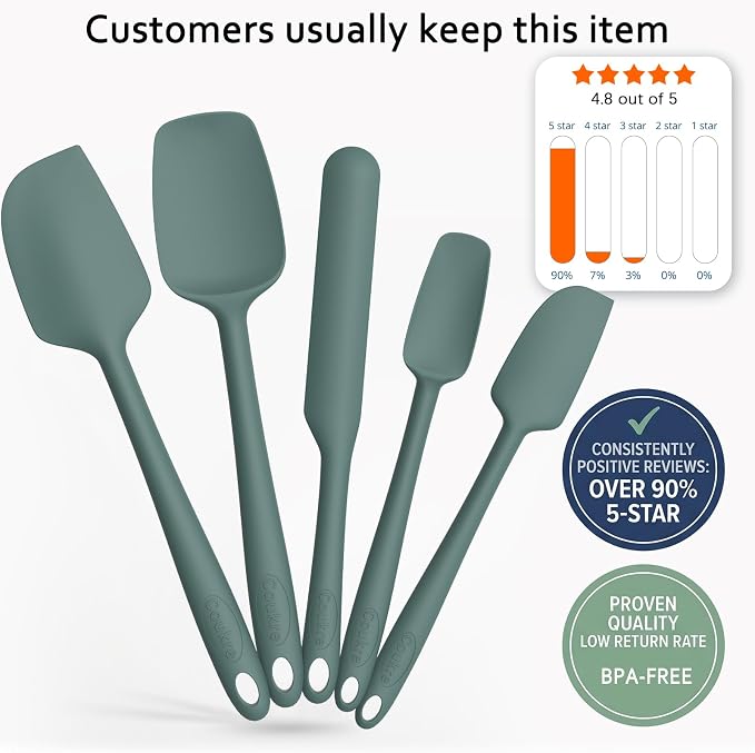 Coukre Silicone Spatula Set of 5,High Temperature Resistant, Food Grade Silicone, Dishwasher Safe, for Baking, Cooking (Pure Dark Green)