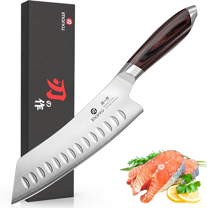 imarku Santoku Chef Knife 7 Inch, Ultra Sharp High Carbon Stainless Steel Japanese Kitchen Knife with Hollow Edge | Ergonomic Pakkawood Handle, Gift Box for Meat/Vegetables/Tomatoes & Daily Cooking