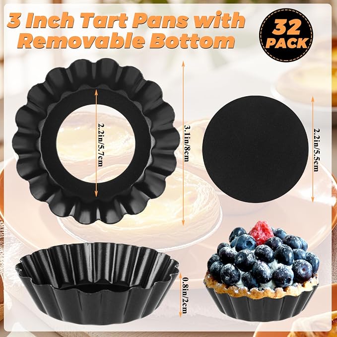 32 Pack 3 Inch Mini Tart Pans, Round Egg Tart Molds with Removable Bottom, Nonstick Mini Quiche Pan Bakeware Mold Fluted Side for Pies, Mousse Cakes, Dessert Baking