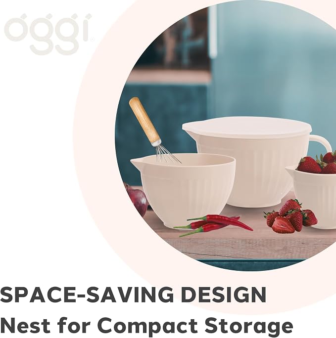 Oggi Set of 3 Mixing Bowls with Pour Spout - Nested Plastic Bowls for Kitchen, Durable Mixing Bowls with Lid Set, BPA-Free Plastic Bowls with Lid - 0.5, 1, 2 Qt
