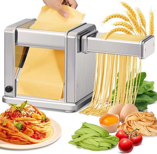 Domestic Electric Pasta Maker Automatic Stainless Steel Noodle Machine with Adjustable Dough Roller/Cutter for Home Handmade Spaghetti, Fettuccini, Lasagna, Pie Crust, Dumpling, Wonton