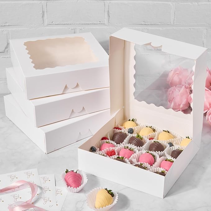 ZORRITA Pie Boxes with Window, 9" x 9" x 2.5", 20 Pack, White | Auto Pop-up, Bakery Boxes, For Chocolate Covered Strawberry, Cookies, Treats, Pastry, Donuts, Muffins