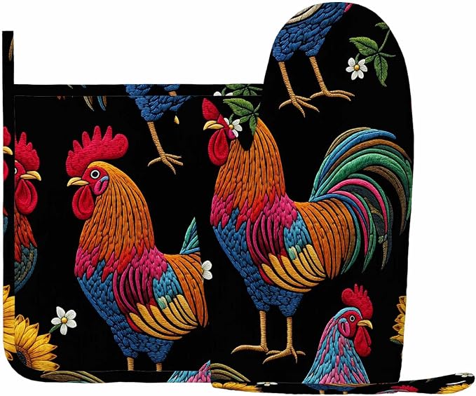 Mxocom Rooster Heat-Resistant Oven Mitts and Pot Holder Beautiful Classical Embroidery Chicken Rooster and Sunflowers Kitchen Non-Slip Cooking Microwave Gloves for Cooking Baking Grilling