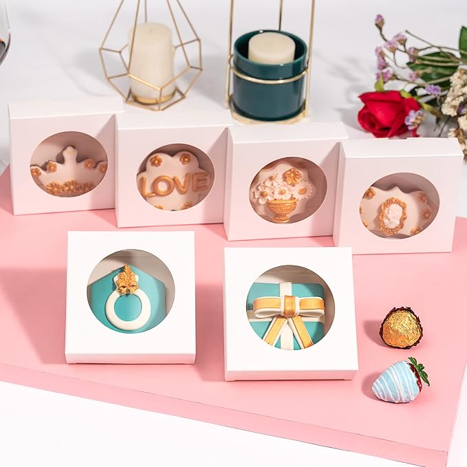 RomanticBaking Valentine Cookies Boxes With Window 4 3/8" x 4 3/8" x 1 1/5" 100 Pack individul Pyo Small Gift Boxes Mini Dount/Pie Boxes