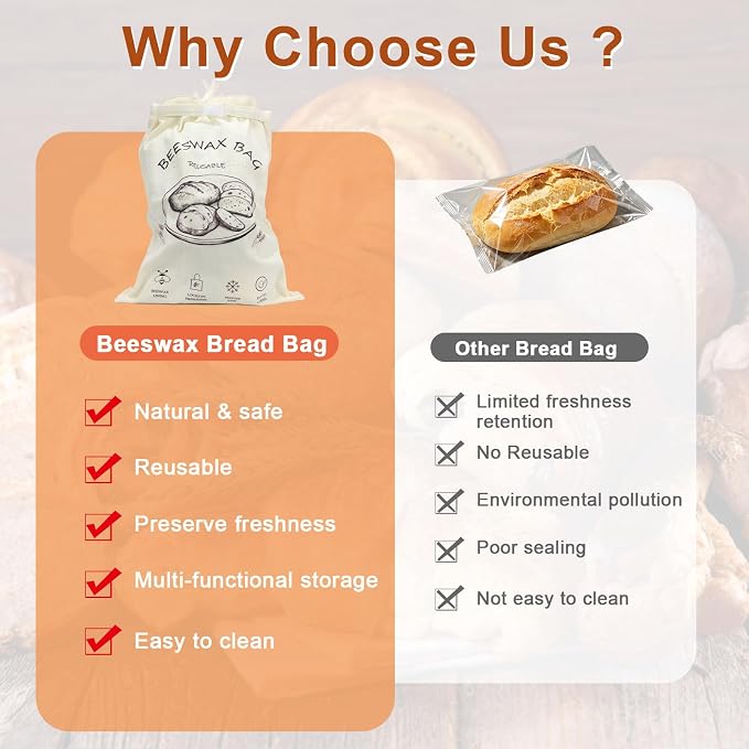 Beeswax Bread Bag 2 Pack, Reusable Organic Cotton Beeswax Bread Bags for Sourdough Homemade Bread, 17x13 Inch Large Capacity, Eco-Friendly, Keep Fresh, Locks in Moisture, Lock Closure, Easy to Clean