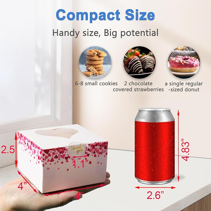 50 Pcs 4-Inch Kids Valentines Cookie Boxes Heart, Bakery Treat Boxes for Valentines Day Gifting, To-go Containers for Cake Slice, Macarons, Donuts, Candy 4x4x2.5
