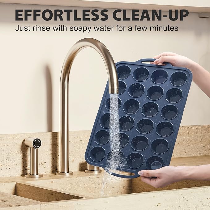 Mini Silicone Muffin Pan with Metal Frame, Non Stick Silicone Cupcake Pan with Handles 24 Cup, BPA Free Silicon Muffin Tin Tray Small for baking, egg bites, Cupcake Mold Grey