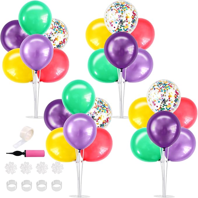 TONIFUL 4 Set Metallic Purple Teal Yellow Balloon Centerpieces for Table,Balloon Stand Kit for Kid Party Decor,Birthday Decorations Anniversary Magic Engagement Party Decoration
