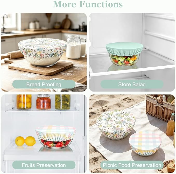 Reusable Bowl Covers for Bread Proofing 3pcs,Cotton Linen Sourdough | Breathable,Fabric,Shower Caps,Sourdough Bread,Accessories,Supplies,Food Lids,Fruit Storage,7"-14",Floral,Checkered,Sage Green