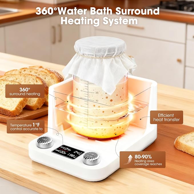 Sourdough Starter Warmer | Water Bath Precise 1°F Thermostat (70-104°F) Sourdough Warmer| For jars under 50 oz | 1-198H Memory Timer | 360° Uniform Warmer |Fermenter's Dream for Home Baking (White)
