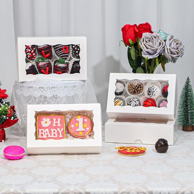 ROSPAKTEK 100pcs 7x4.3x2 Inches White Cookies Boxes Macaron Boxes Chocolate Truffle Boxes Chocolate Covered Strawberries Boxes Bakery Boxes with Window Treat Boxes Charcuterie Boxes for Christmas