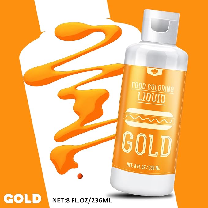 Food Coloring - 240ml Liquid Vivid Food Coloring for Baking, Cake Decorating, Icing, Cookie, Fondant and Macaron - Tasteless Concentrated Food Color Dye for DIY Soap Making and Crafts (Gold)