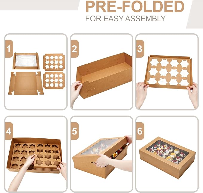 10 Pack 24 Count Standard Cupcake Boxes with Window & Inserts Brown | Cupcake Containers Bakery Box for Standard Muffins, Pastry Dessert for Birthday Party, Wedding, Baby Shower-17.5x11.5x4 Inch