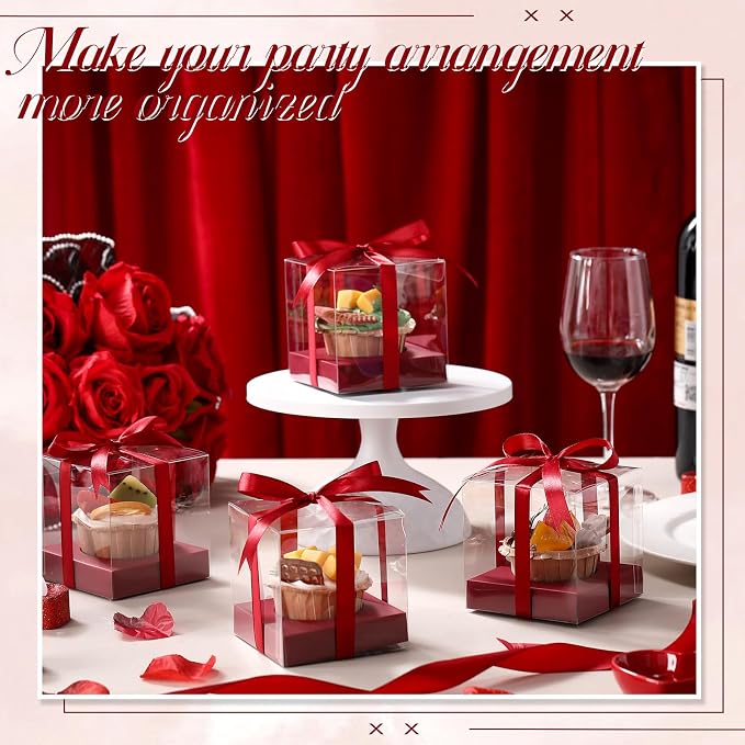 Thenshop 50 Pcs Clear Cupcake Boxes Individual 3.5 Inch Plastic Single Cupcake Containers Boxes with Inserts and Ribbon Individual Cake Storage Holders for Cake Kitchen(Claret)