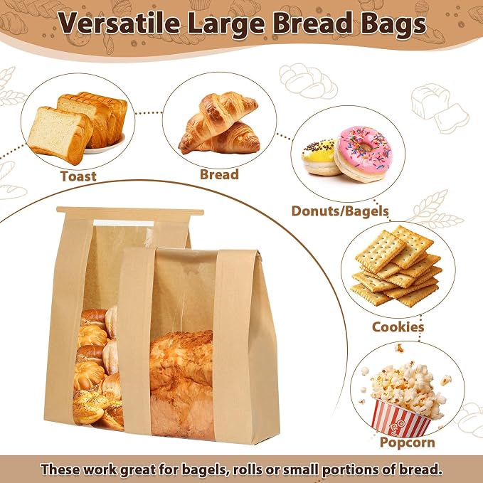 Sublaga Bread Bags with Tin Tie Tab Lock, 70 Pack Large Kraft Paper Sour Dough Bag for Homemade Bread Sourdough Bags 14" x 8.3" x 3.5" for Treat Packaging Storage Gift Giving with 75 Pcs Seal Sticker