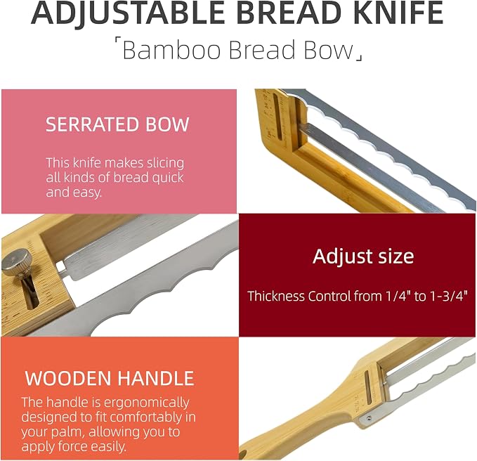 Adjustable Bread Knife for Homemade Bread - Sourdough Bread Slicer | with 1/2-inch and 1-inch Thickness Guides for Sourdough Baguettes Sandwiches
