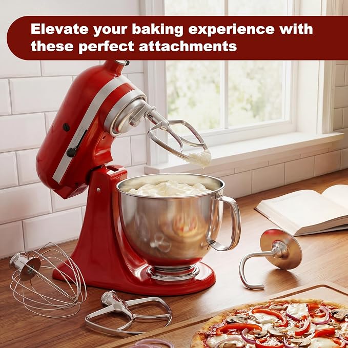 Stainless Steel Mixer Attachments for KitchenAid 4.5-5 Qt Tilt-Head Stand Mixer, Dishwasher Safe Set with Wire Whip, Dough Hook and Flat Beater, Heavy Duty Replacement Accessories for Baking