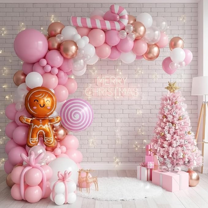 Pink Christmas Balloon Arch Kit, Pearl White Pink Rose Gold Balloons with Lollipop Candy Crutch Gingerbread Man Foil Balloons for Xmas Holiday Winter Birthday New Year Party Decorations