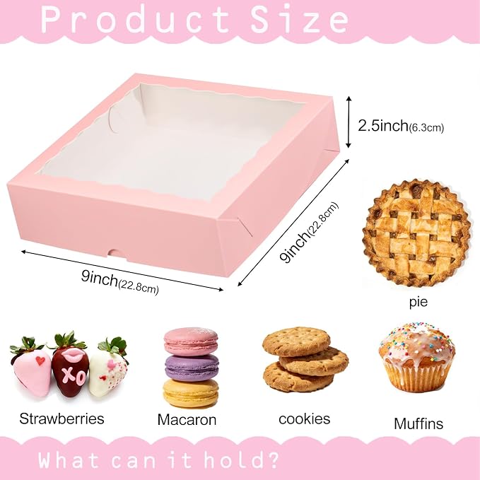Pie Boxes Pink Bakery Boxes with Window (6pcs, 9x9x2.5 Inch) for Christmas: Ideal for Pie, Cookies, Chocolate Covered Strawberries, Breakable Heart & Charcuterie