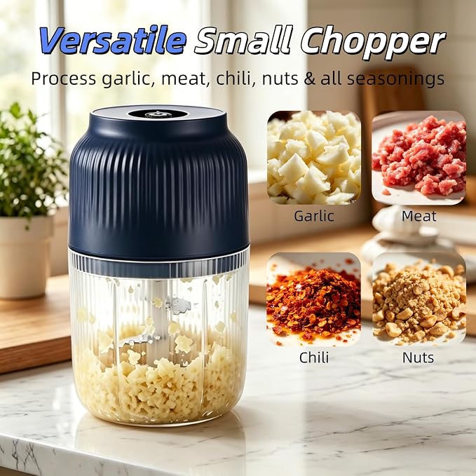 Electric Garlic Chopper, Mini Portable Veggie Chopper Garlic Grinder Masher Onion Chopper, Rechargeable Cordless Food Processor & Food Chopper for Ginger Chili Nut Meat Vegetables, 400ml (Blue)