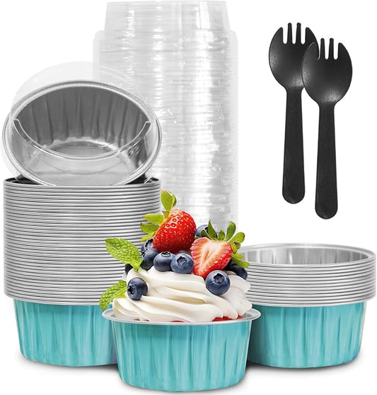 50Pcs Mini Aluminum Foil Cupcake,5oz Baking Cups with Lids,Mini Cake Pans Disposable,Loaf Pans with Lids,Disposable Ramekins,Tin Cups Containers for Cupcake,Pudding,Muffin,Cheesecake (Light Blue)