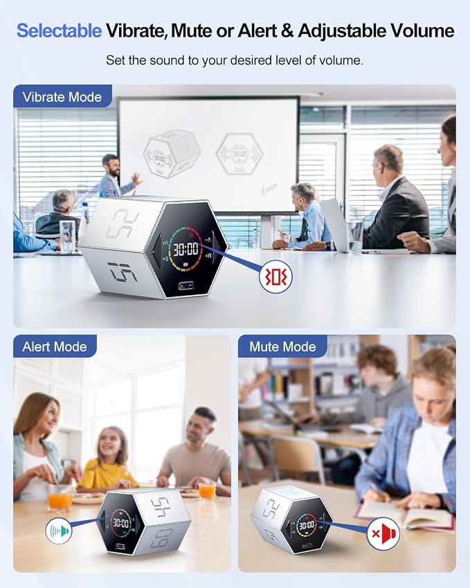 Ticktime Pomodoro Timer, Productivity Timer Cube, 5/15/25/30/45/60 Min Presets, Custom Countdown & Stopwatch 1s–99m59s, Sound/Vibration/Silent, Magnetic, Rechargeable, for ADHD Study Work, Silver
