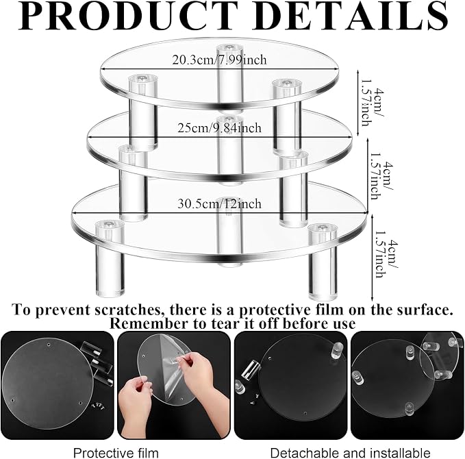 Lineshading 3 Pcs Round Acrylic Display Riser Clear Round Stands Clear Pedestal Riser Board for Cake Plant Dessert Jewelry Collectible Cupcake Figure Wedding Birthday Party Decor(8'',10'',12'')