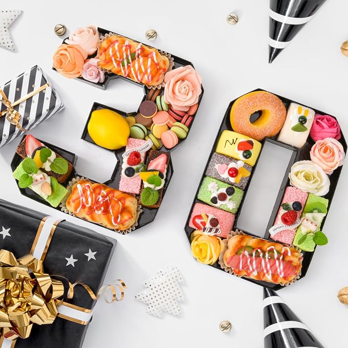 Cardboard Number for Charcuterie 30 Set Fillable Tray 10.2'' Black Charcuterie Paper Box for 30th Birthday Anniversary Party Decorations Chocolate Candy Cupcake Container