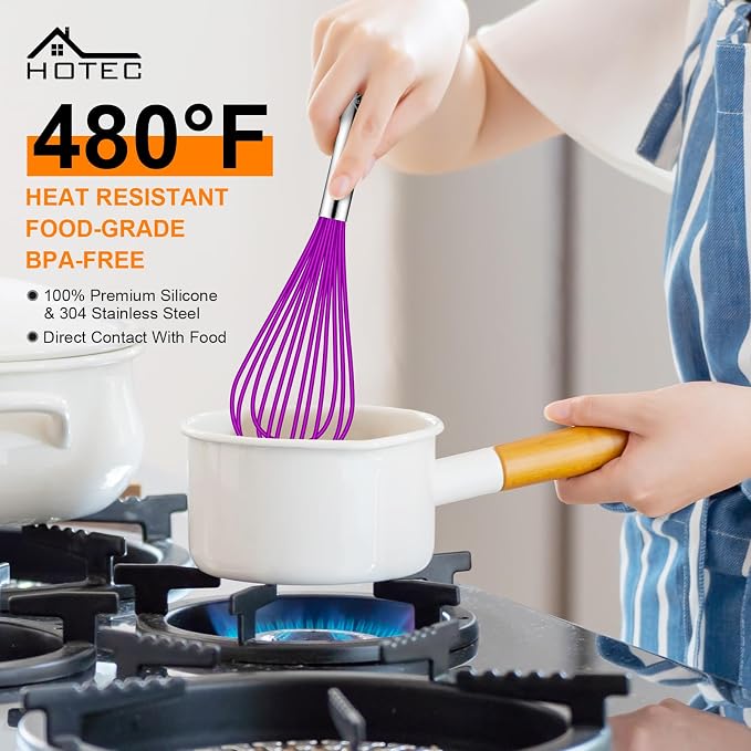 HOTEC 4 Pieces Silicone Whisks Set, Wire Balloon Whisks for cooking Egg Beater, Non-slip Handle Whisk for Non-stick Cookware Perfect for Cooking, Stirring, Beating and Blending,Purple