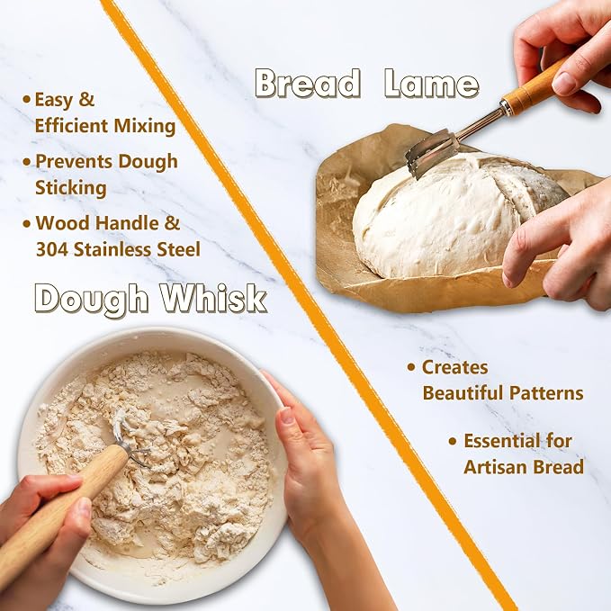 14Pieces Banneton Bread Proofing Basket Set - 10" Oval & 9" Round Sourdough Starter Kit with Lame, Dough Whisk, Scraper, Sling & Baking Tools | Artisan Bread Baking Supplies for Homemade Loaves