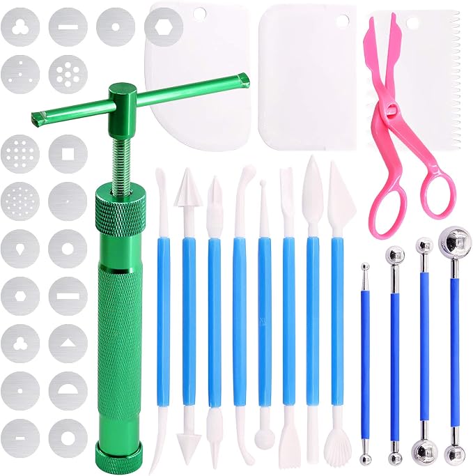 Swpeet 36Pcs Green Clay Extruder Gun Fondant Sugar Paste Extruder Clay Cake Sculpture Gun, Ball Stylus Dotting Tool with Plastic Scraper, Cake Decorating Supplies Modeling Tool