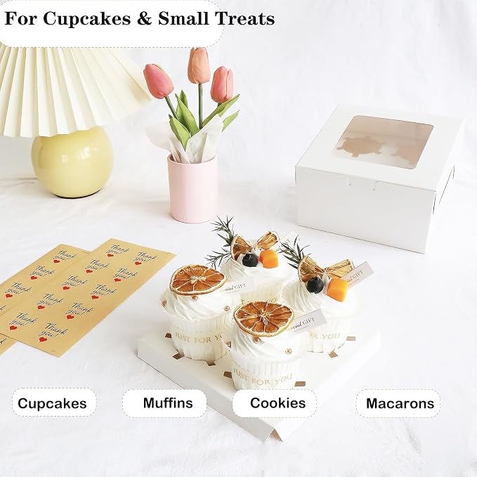 HUFElI 3.5 Inch Extra Tall Cupcake Boxes 4 Count with Window, Bakery Boxes, Food Grade Muffin Container，Treat Boxes for Cookies，Candies，Mini Cakes & Baked Goods - 6.3x6.3x3.5 inch, 20 Pack