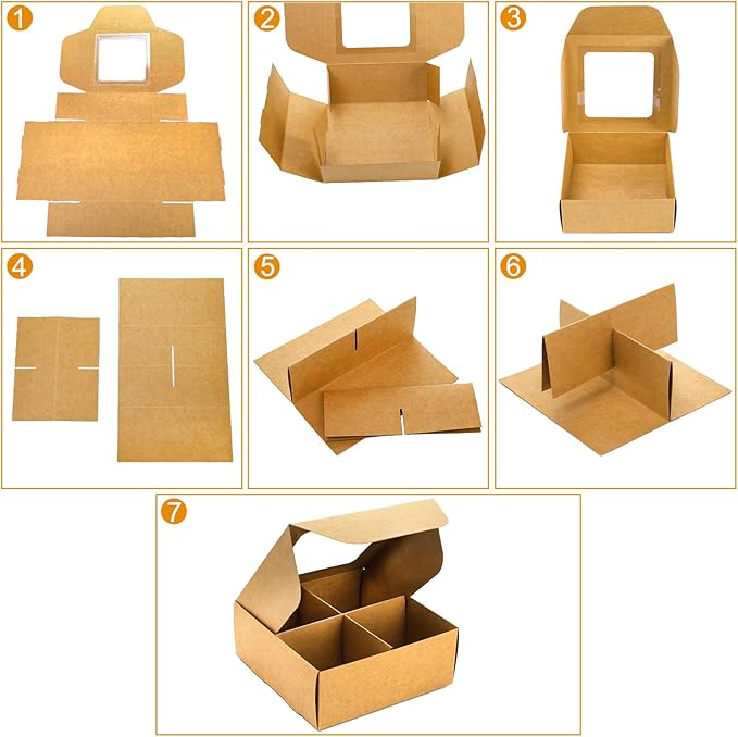 Eorbow 40 Pack Brown Bakery Boxes with Window and Dividers, 6 x 6 Inch Mini Pastry Boxes with 4 Compartments, Kraft Treats Gift Boxes with Inserts, Cupcake Packaging Containers for Pastries Biscuits