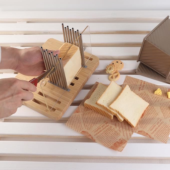 Bamboo Bread Slicer for Homemade Bread,Stainless Steel Slicing Guide for Bread, Adjustable Width, Foldable and Compact Cutting Guide, Bread Slicer for Sourdough Rounds, Bagels, Cake,Toast