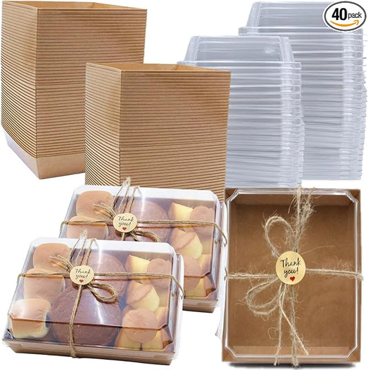 40 Pack Paper Charcuterie Boxes with Clear Lids, 7 x 5 Inch Brown Disposable Take Out Bakery Container, To Go Boxes for Cake Slice, Cupcakes, Sandwiches, Cookies, Cocoa Bombs, Salads