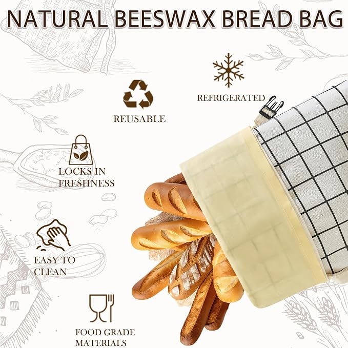 LURKA Beeswax Bread Bags, Reusable Cotton Linen Storage Bags for Sourdough, Extra Large, 2 Pack (White Plaid)