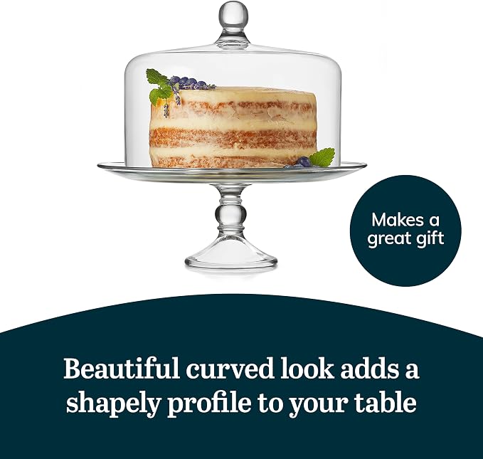 Libbey Selene Glass Cake Stand with Dome Lid, Elegant Curved Footed, Covered Cake Stand, Versatile Serving Dish for Variety of Desserts and More