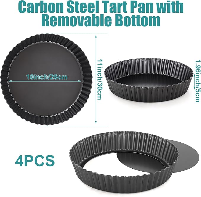 Acrux7 12 Inch Tart Pan with Removable Bottom, Nonstick Pie Pan Set of 4 | 2 Inch Deep Loose Bottom Carbon Steel Fluted Quiche Baking Dish for Fruit Tart, Flan, Pizza, Cheesecake, Dark Gray