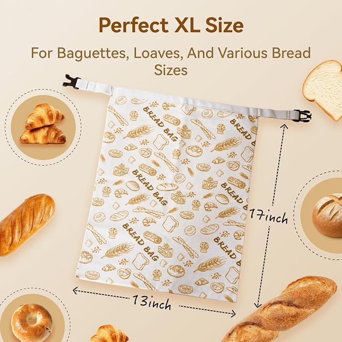Bread Bag for Homemade Bread - 2 Packs XL Reusable Organic Beeswax Natural Cotton Sourdough Bag, Homesteading Essentials Sourdough Bags with Sealing Zip to Keep Fresh(13×17 Inches)