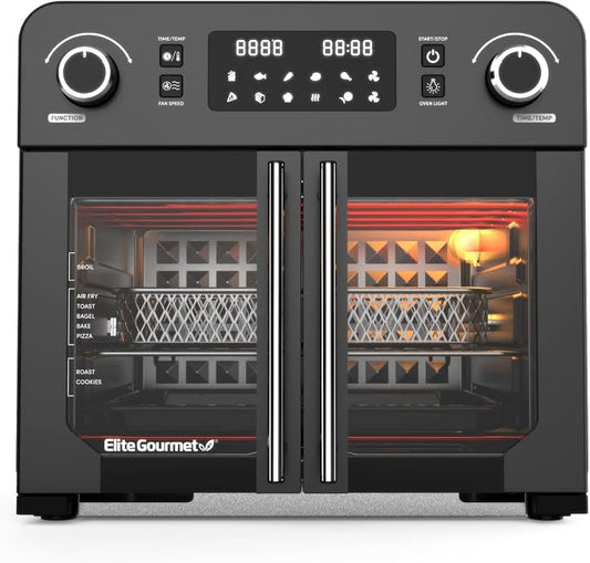 Elite Gourmet EAF9010B All Steel Exterior, 24.5Qt. French Door Air Fryer Convection Countertop Oven, 12" Pizza Extra Large Capacity, Temperature + Timer Controls, Bake, Toast, Broil, Air Fry, Black