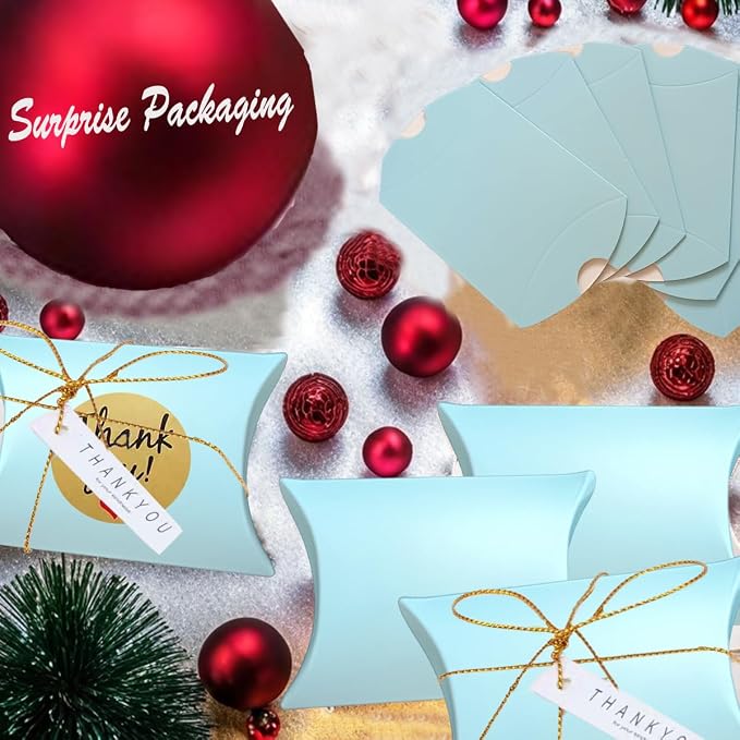 50 Pcs Kraft Paper Pillow Gift Boxes,3.5x2.6 Inch Mini Folding Treat Boxes, Creative Favor Box Folding Treat Boxes for Bakery, Candy, Jewelry, Wedding & Party Favors(Light blue)