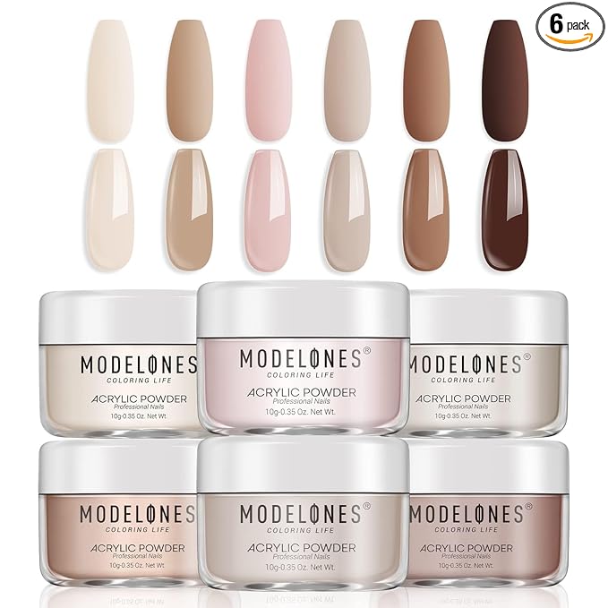 Modelones Nude Acrylic Powder 6 Colors Acrylic Nail Powder Kit Chocolate Brown Latte Soft Tones Cover Powder for Nail Art Extension No Nail Lamp Needed