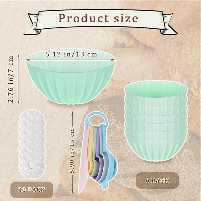 6 Pcs Silicone Bread Proofing Baskets 5 Inch Collapsible Sourdough Baking Basket Round Proofing Bowl with Measuring spoon and 30 pcs Bowl Covers Sourdough Bread Baking Supplies for Home Bakers(Green)